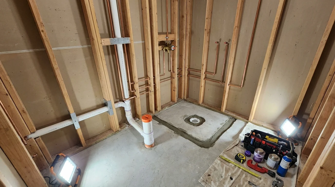 Bathroom rough-in plumbing during remodel by Johns Plumbing LLC in Kellyville