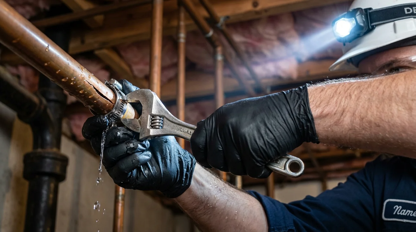 Emergency pipe clamp repair being performed by a Johns Plumbing LLC plumber in Kellyville