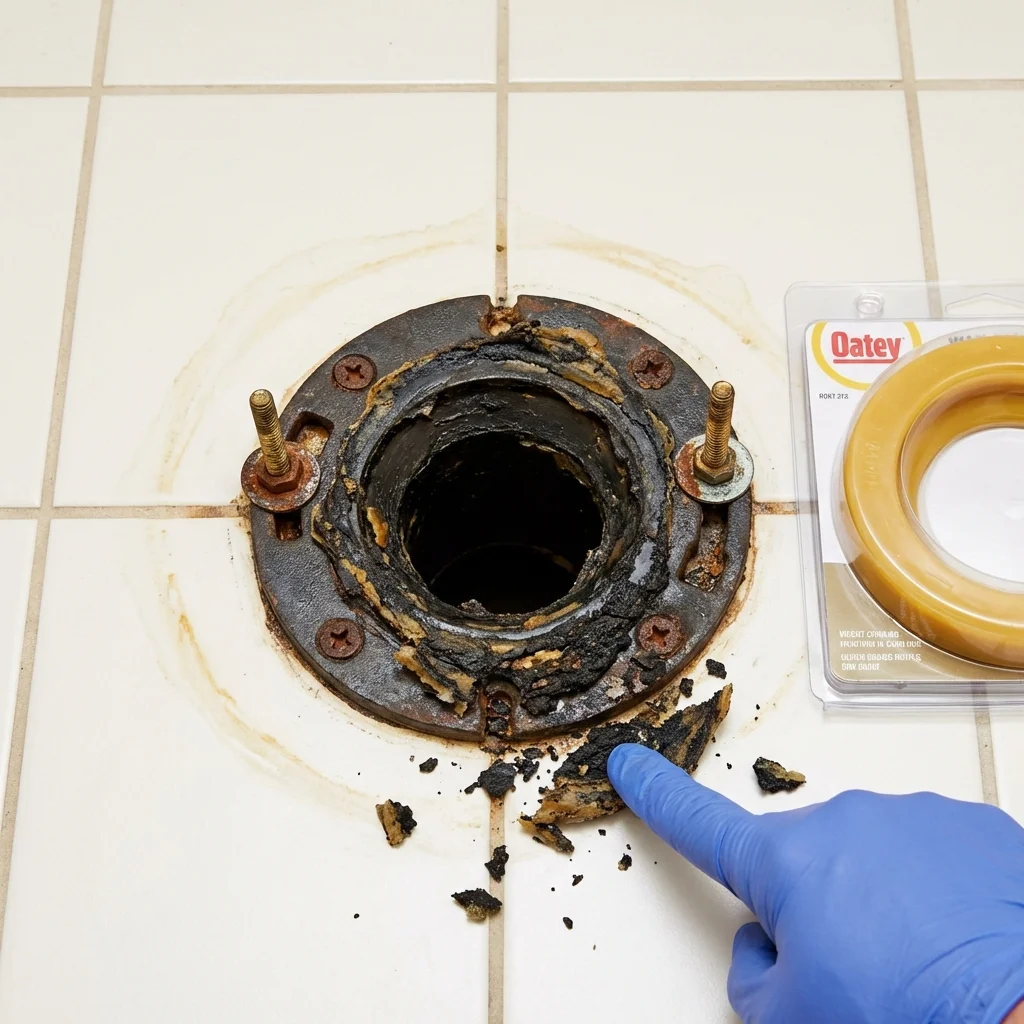 Failed wax ring showing water seepage at the base of a toilet in a Kellyville, OK home
