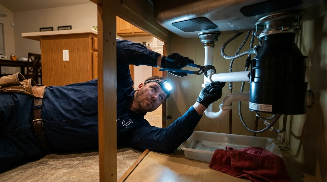 P-trap and supply line connections under a kitchen sink showing a common leak point in Kellyville, OK